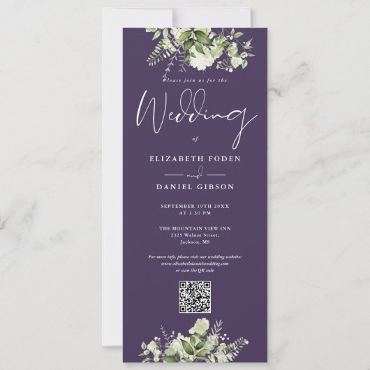 Greenery Floral Lila QR Code Wedding Einladung (Vorderseite)