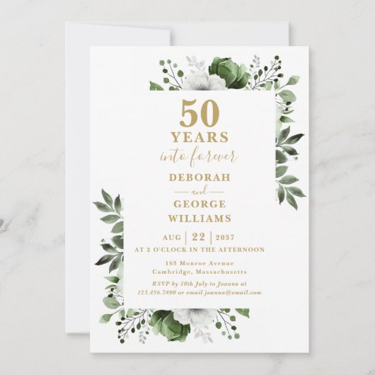 Greenery Floral Monogram, 50. Hochzeitstag Einladung (Vorderseite)