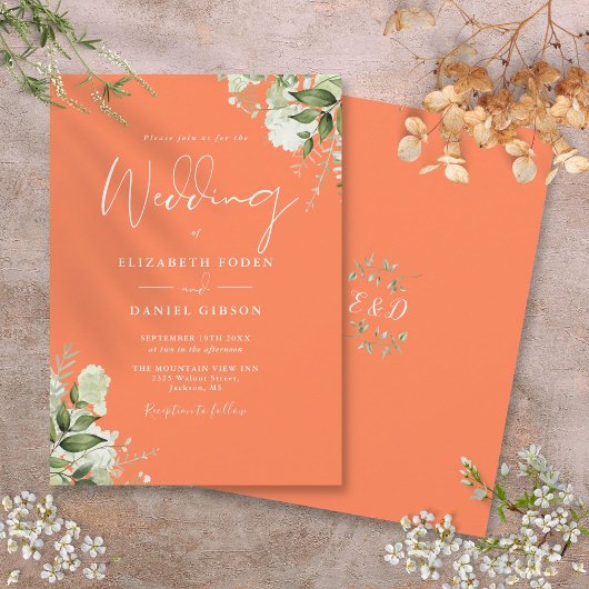 Greenery Floral Monogram Coral Wedding Einladung
