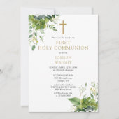 Greenery Floral Monogram First Holy Communion Save The Date (Vorderseite)