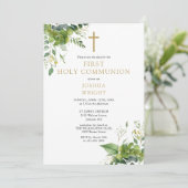 Greenery Floral Monogram First Holy Communion Save The Date (Stehend Vorderseite)