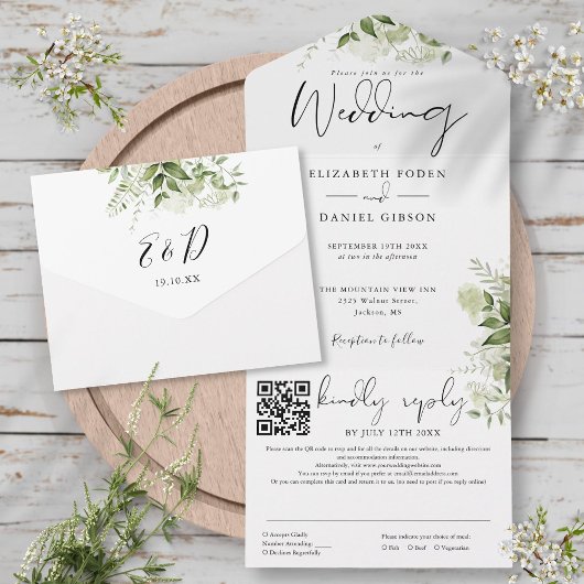 Greenery Floral Monogram QR Code Wedding All In One Einladung