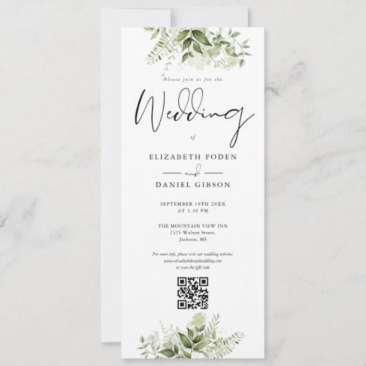 Greenery Floral Monogram QR Code Wedding Einladung (Vorderseite)