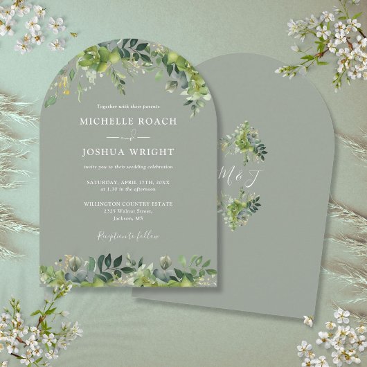 Greenery Floral Monogram Sage Green Wedding Einladung