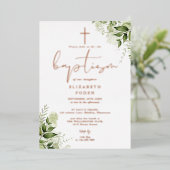 Greenery Floral Monogram Taufe Rose Gold Folieneinladung (Stehend vorne)