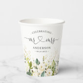 Greenery Floral Mr. und Mrs. Heart Script Wedding Pappbecher (Rückseite)