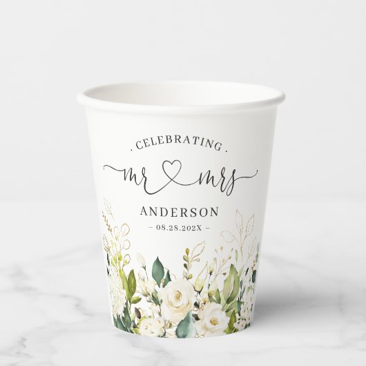 Greenery Floral Mr. und Mrs. Heart Script Wedding Pappbecher (Vorderseite)