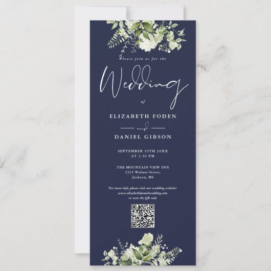 Greenery Floral Navy Blue QR Code Hochzeit Einladung (Vorderseite)