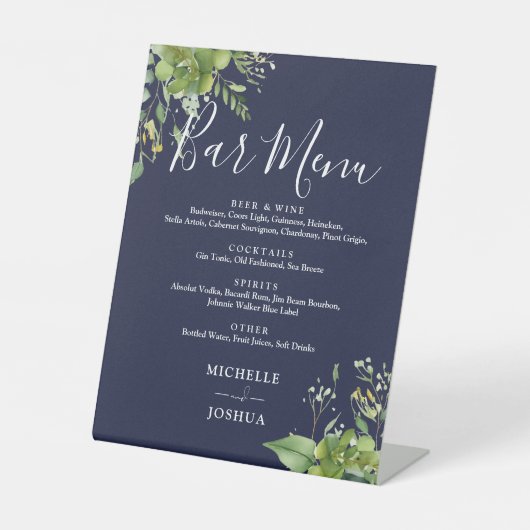 Greenery Floral Navy Blue Wedding Bar Menu Sockelschild (Vorderseite)