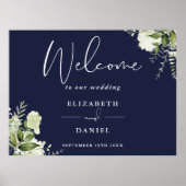 Greenery Floral Navy Blue Wedding Welcome Sign Poster (Vorne)