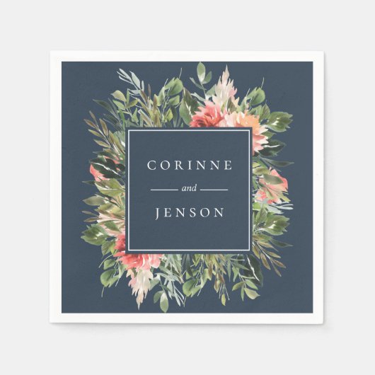 Greenery Floral Navy Personalisiert Paper Napkins Serviette (Vorderseite)