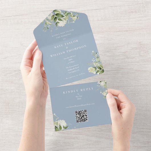Greenery Floral QR Code Dusty Blue Wedding All In One Einladung (Abreißen)