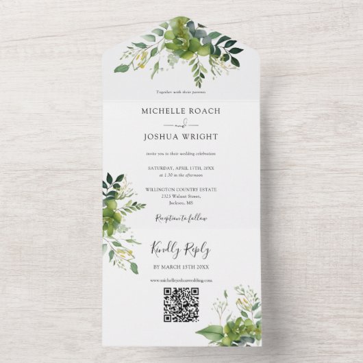 Greenery Floral QR Code Elegant Monogram Wedding All In One Einladung (Innen Boden)
