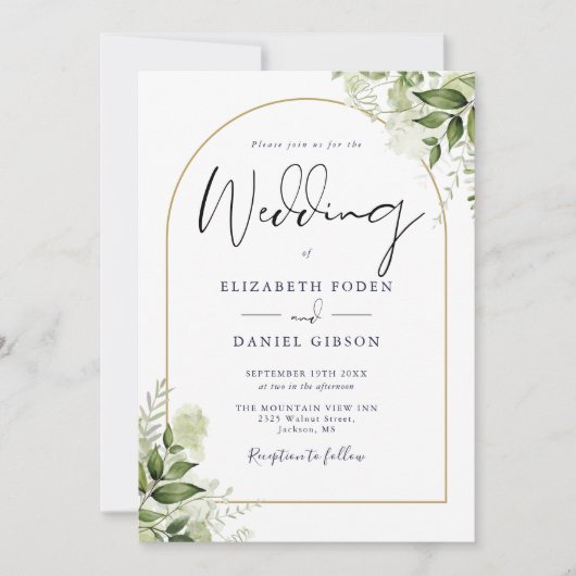 Greenery Floral QR Code Gold Arch Wedding Einladung (Vorderseite)