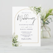 Greenery Floral QR Code Gold Arch Wedding Einladung (Stehend Vorderseite)
