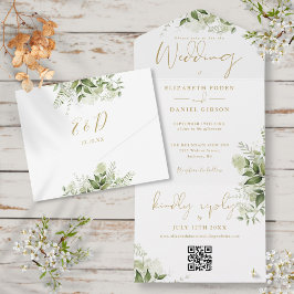Greenery Floral QR Code Gold Monogram Wedding All In One Einladung