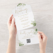 Greenery Floral QR Code Gold Monogram Wedding All In One Einladung (Abreißen)