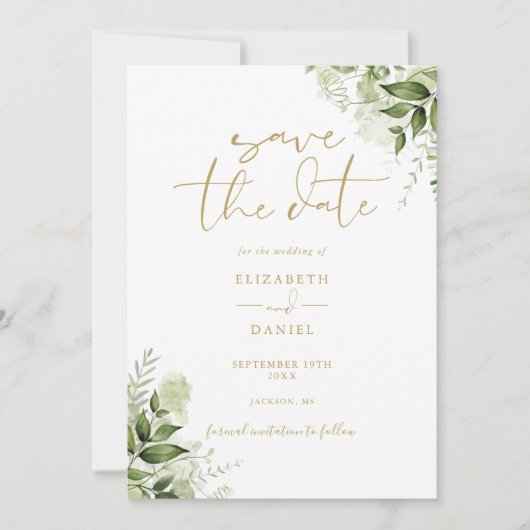 Greenery Floral QR Code Gold Wedding Save The Date (Vorderseite)