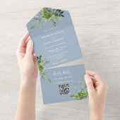 Greenery Floral QR Code Moderne dufte Blue Wedding All In One Einladung (Abreißen)