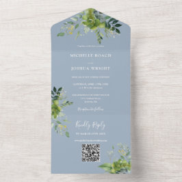 Greenery Floral QR Code Moderne dufte Blue Wedding All In One Einladung