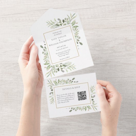 Greenery Floral QR Code Monogram Wedding All In One Einladung (Abreißen)