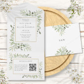 Greenery Floral QR Code Monogram Wedding All In One Einladung