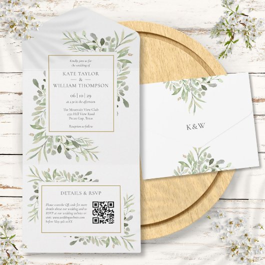 Greenery Floral QR Code Monogram Wedding All In One Einladung