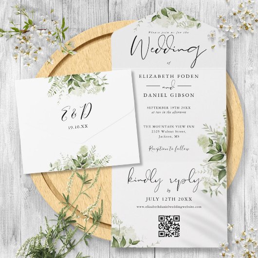 Greenery Floral QR Code Monogram Wedding All In One Einladung