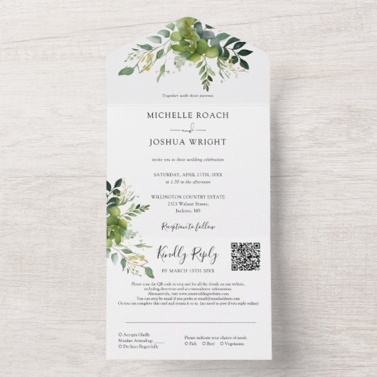 Greenery Floral QR Code Monogram Wedding All In One Einladung (Innen Boden)