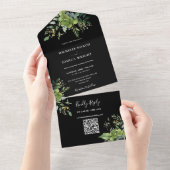 Greenery Floral QR Code Schwarz-Weiß Hochzeit All In One Einladung (Abreißen)