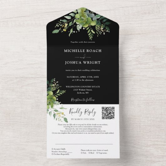 Greenery Floral QR Code Schwarz-Weiß Hochzeit All In One Einladung (Innen Boden)