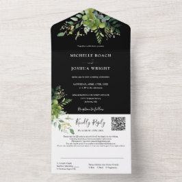 Greenery Floral QR Code Schwarz-Weiß Hochzeit All In One Einladung