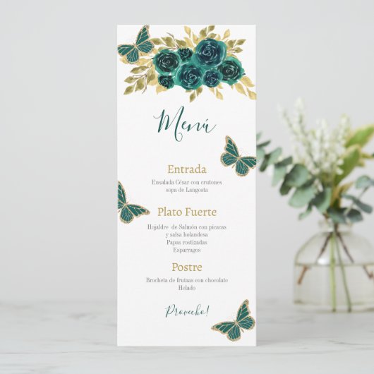 Greenery Floral Quinceañera Menükarte (Stehend Vorderseite)