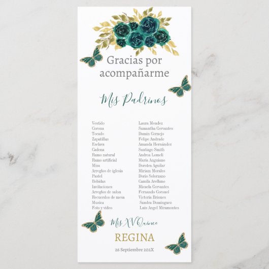 Greenery Floral Quinceañera Programm (Rückseite)