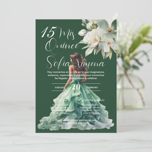 Greenery Floral Quinceañera Spanish Invitation Einladung (Stehend Vorderseite)