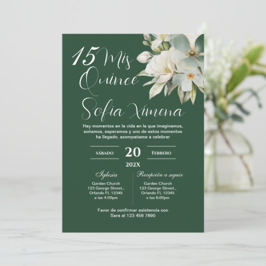 Greenery Floral Quinceañera Spanish Invitation Einladung (Stehend Vorderseite)