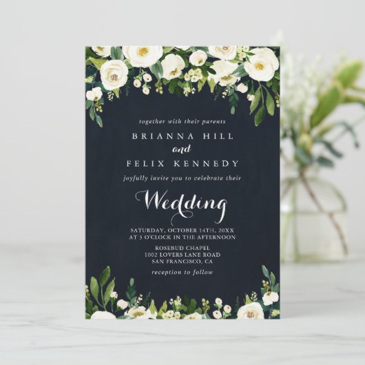 Greenery Floral Royal Blue Front & Back Wedding Einladung (Stehend Vorderseite)