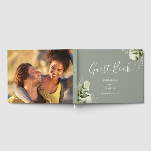Greenery Floral Sage Green Photo Wedding Gästebuch (Voll)