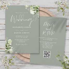 Greenery Floral Sage Green QR Code Hochzeit Einladung