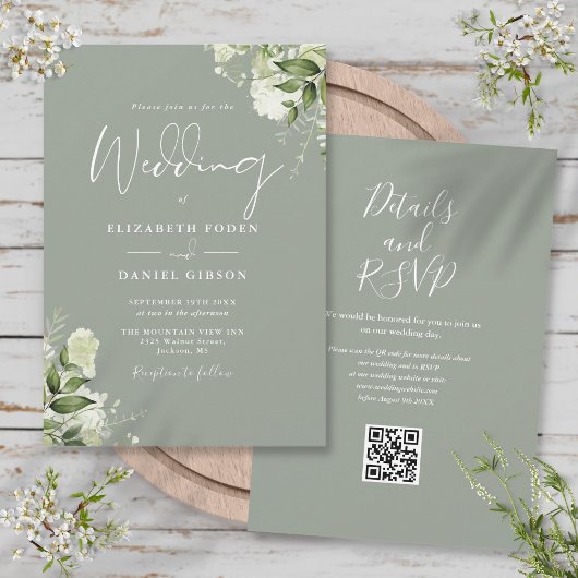 Greenery Floral Sage Green QR Code Hochzeit Einladung