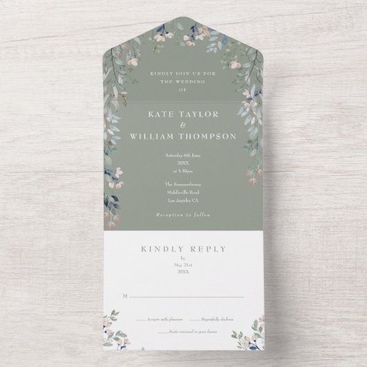 Greenery Floral Sage Green Wedding All In One Einladung (Innen Boden)