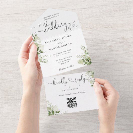 Greenery Floral Script Hearts QR Code Wedding All In One Einladung (Abreißen)