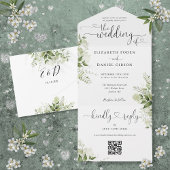 Greenery Floral Script Hearts QR Code Wedding All In One Einladung