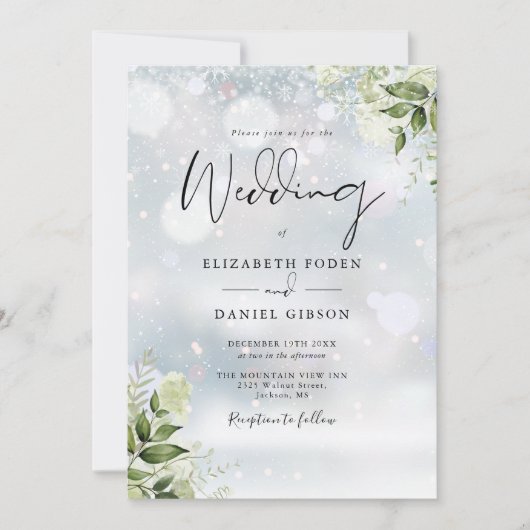Greenery Floral Snowflakes Foto Winter Wedding Einladung (Vorderseite)