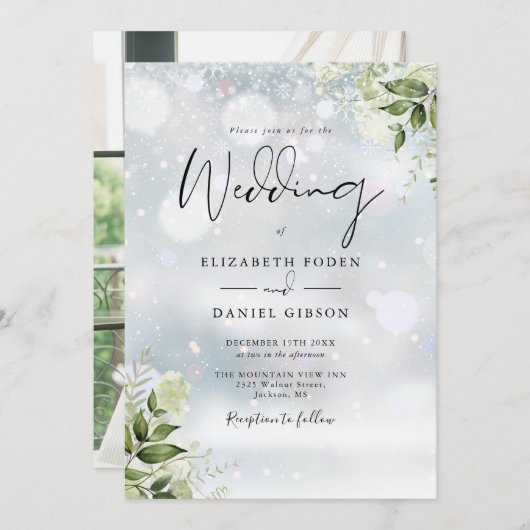 Greenery Floral Snowflakes Foto Winter Wedding Einladung (Vorne/Hinten)