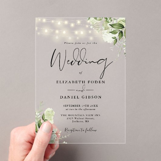 Greenery Floral String Lights Script Wedding Acryleinladungen (Insitu (Handheld))