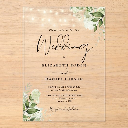 Greenery Floral String Lights Script Wedding Acryleinladungen (Vorderseite)