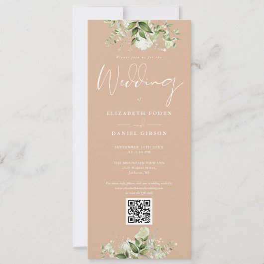 Greenery Floral Tan QR Code Wedding Einladung (Vorderseite)