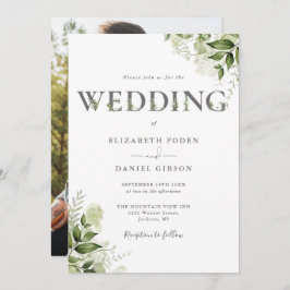 Greenery Floral Typografy Foto Wedding Einladung
