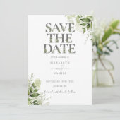 Greenery Floral Typografy Foto Wedding Save The Date (Stehend Vorderseite)